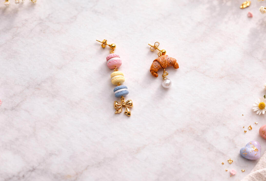 three-macaron dangle and croissant drop earring mismatched earring set