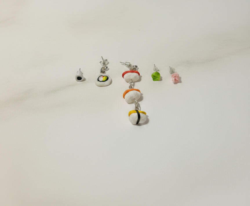 california maki roll sushi dangle earrings with wasabi ginger and soy sauce stud earrings