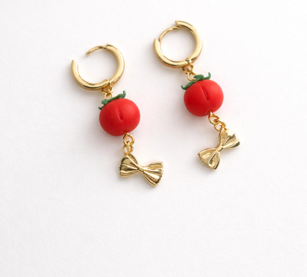 tomato earrings with cheeks and bowtie pasta charm on pave huggie hoops