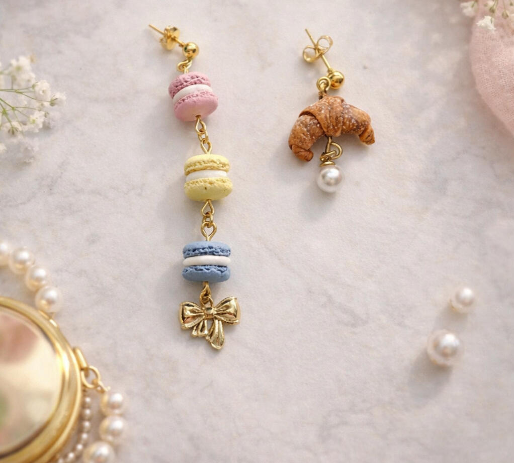 three-macaron dangle and croissant drop earring mismatched earring set