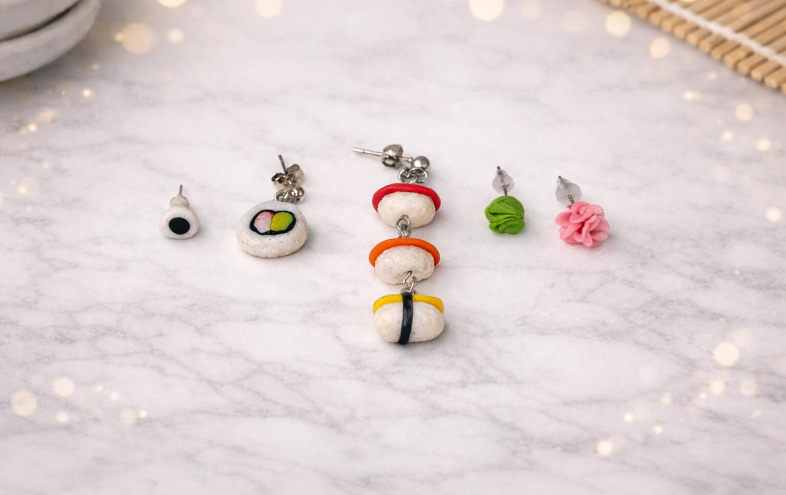 california maki roll sushi dangle earrings with wasabi ginger and soy sauce stud earrings